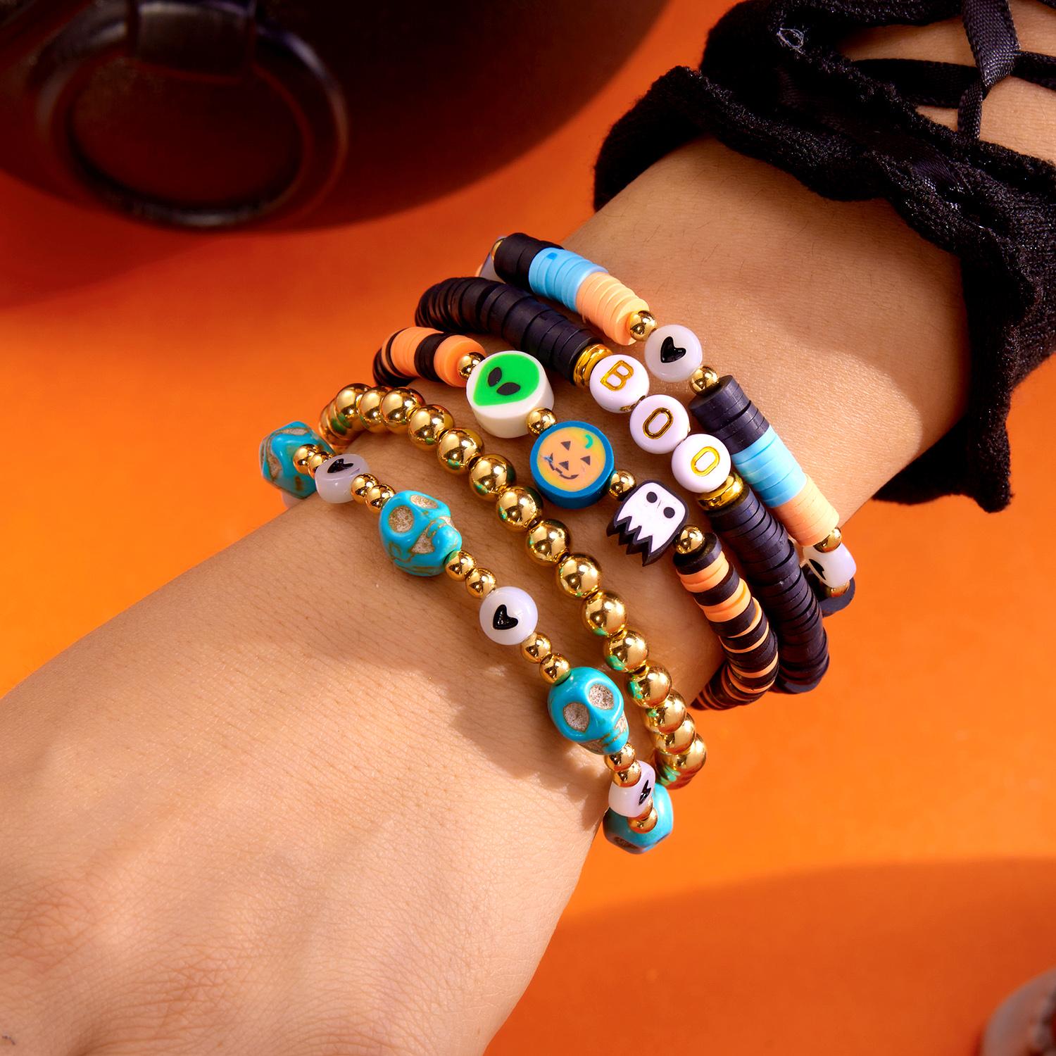 

5 Pcs/Set Halloween Gothic Skull Skeleton Bracelet for Women Cartoon Pumpkin Ghost Bat Polymer Clay Beads Bangle Party Jewelry