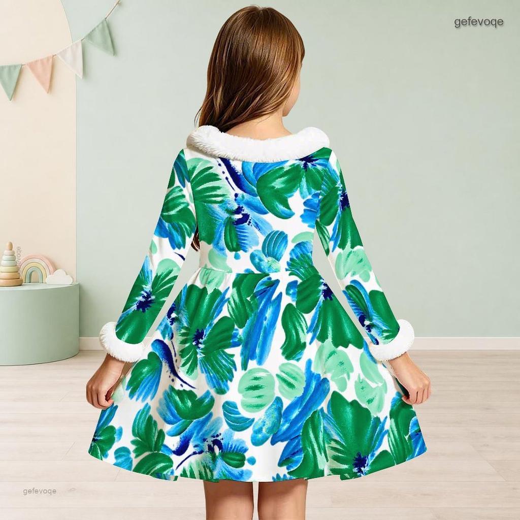 Girls White Furry Collar Long Sleeve Green Blue Leaf Printed Bow Waist A Line Flared Dress