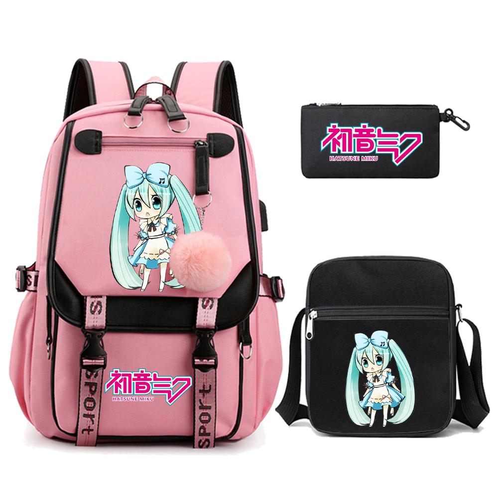 3ks/sada Anime Kreslený Batoh s Potiskem Hatsune Miku s Taškou přes Rameno pro Teenagera Studenta Dívku Chlapce Velkokapacitní Voděodolný Školní Batoh Mochila