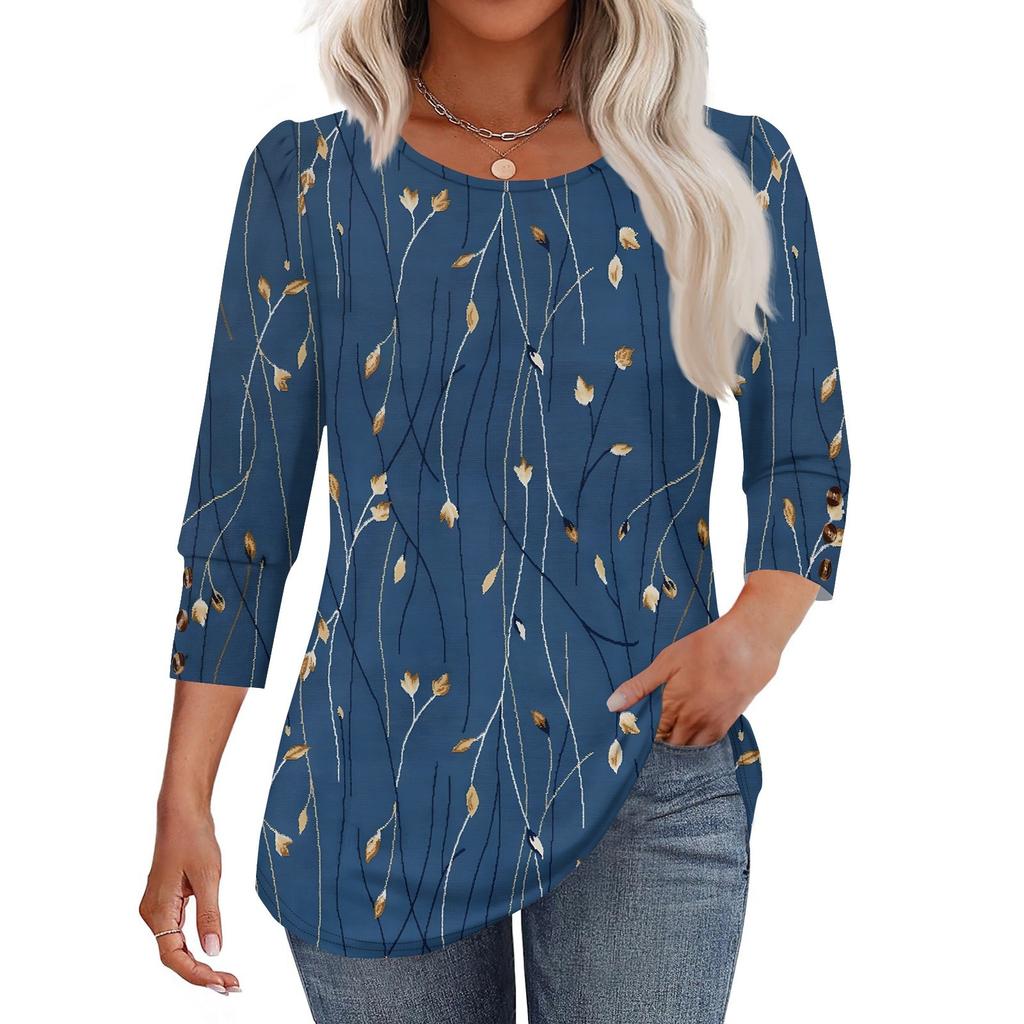 Women's Fashion Casual Vintage Floral Print Round Neck Sevenfold Sleeve T-shirt Top