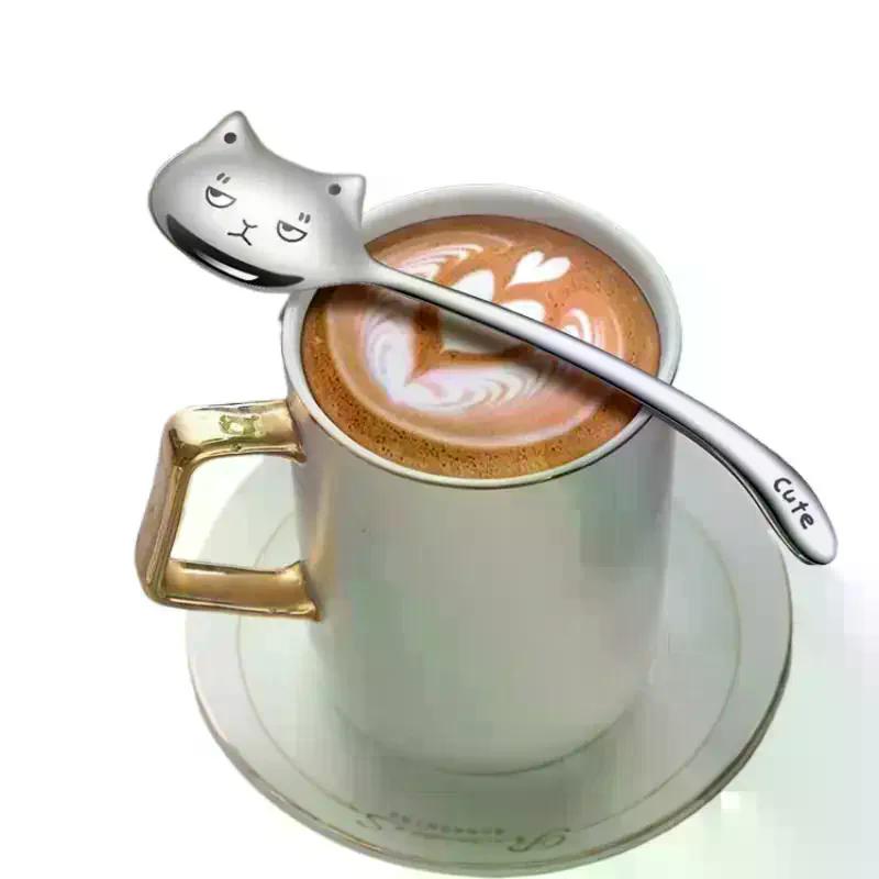 Food Grade Stainless Steel Cartoon Cute Cat Spoon For Coffee Tea Dessert Stirring Daily Use