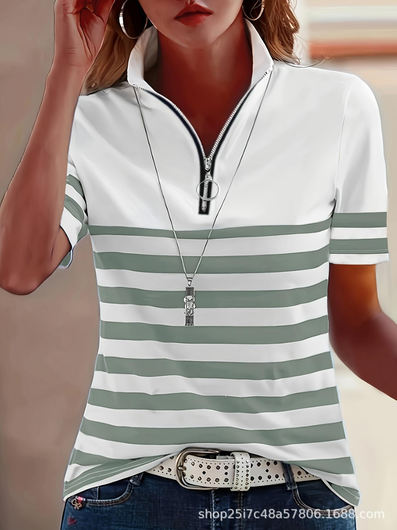 Damen Kurzarm-Poloshirt mit horizontalen blau-weißen Streifen, Reißverschlusskragen, blaue Bündchen, GOLF-Aufdruck 5XL gray