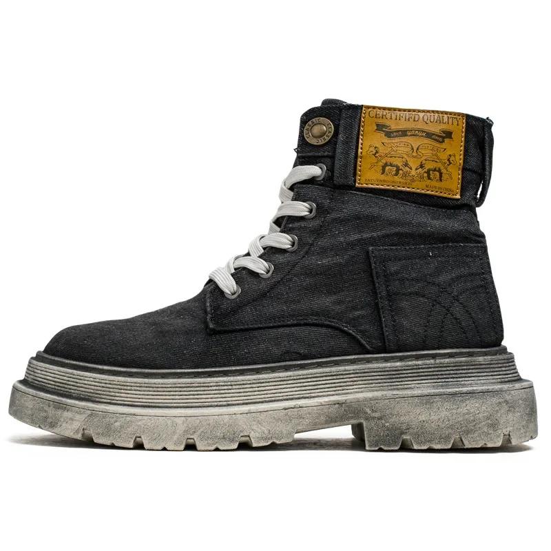 Vintage Blaue Cowboy-Stiefel Für Herren Trendige Street Herren Plateau-Stiefel Winter Bequeme Tooling Stiefeletten Mann Botas Masculino