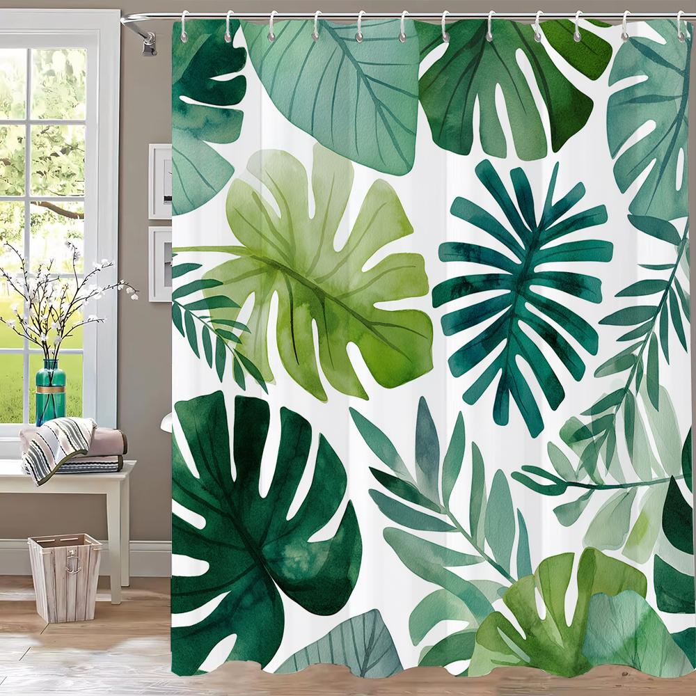 Tropical Leaves Shower Curtains Watercolour Green Palm Leaf Monstera Bath Curtain Black Polyester Home Bathroom Decor with Hooks