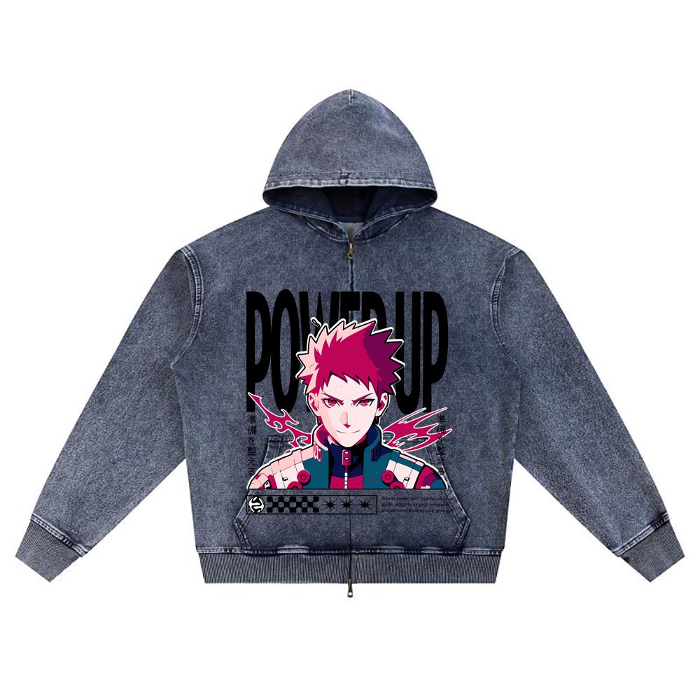 

DTG print Knitted Denim Zip-Up Hoodie Power Up Anime Brother Print Zipper Hoodies XL