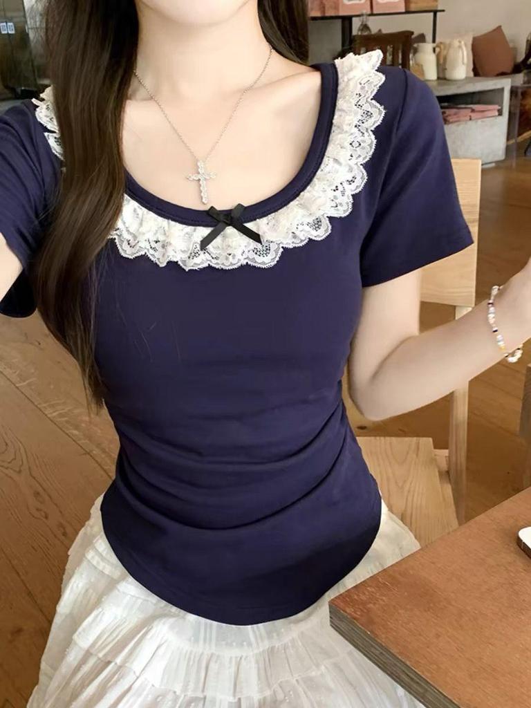 Lace Trim Patchwork Short Sleeve Women's Slim Korean Style Petite Summer Top