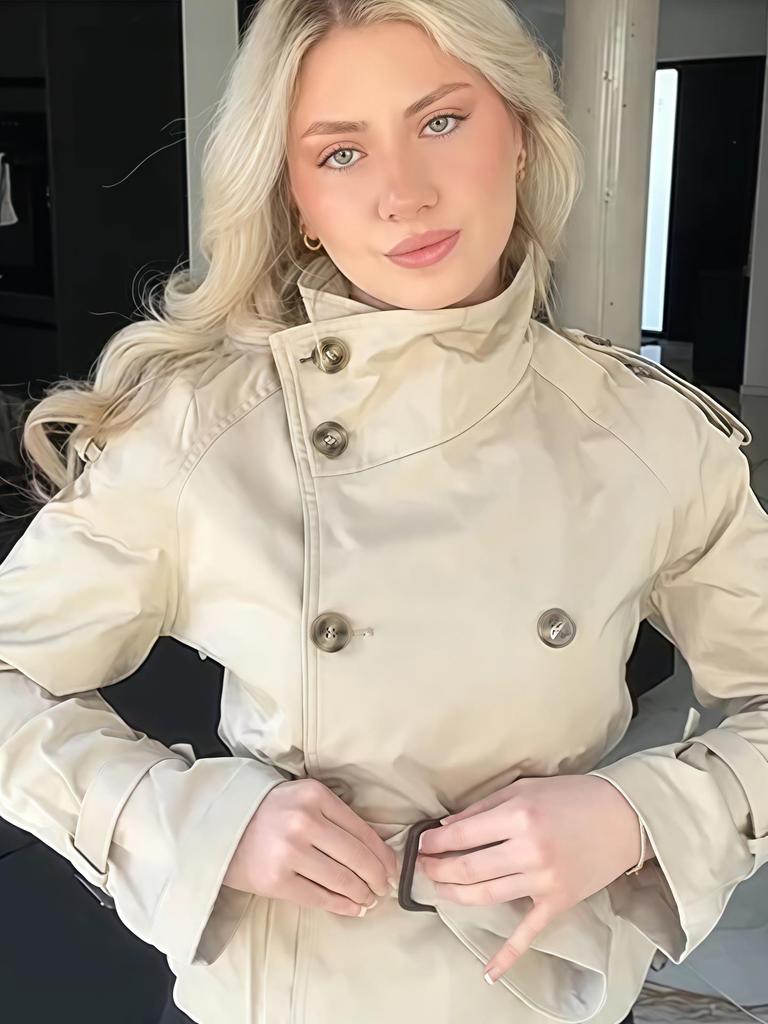 2025 Autumn Stand-Up Collar Tie-Waist Apricot Short Trench Coat: Elegant & Loose Fit