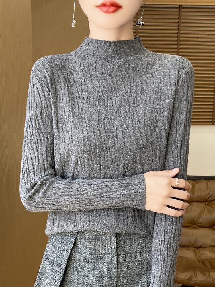 Niche Bark Texture Half-High Collar Sweater: Autumn/Winter Long Sleeve Temperament Knitwear for Women