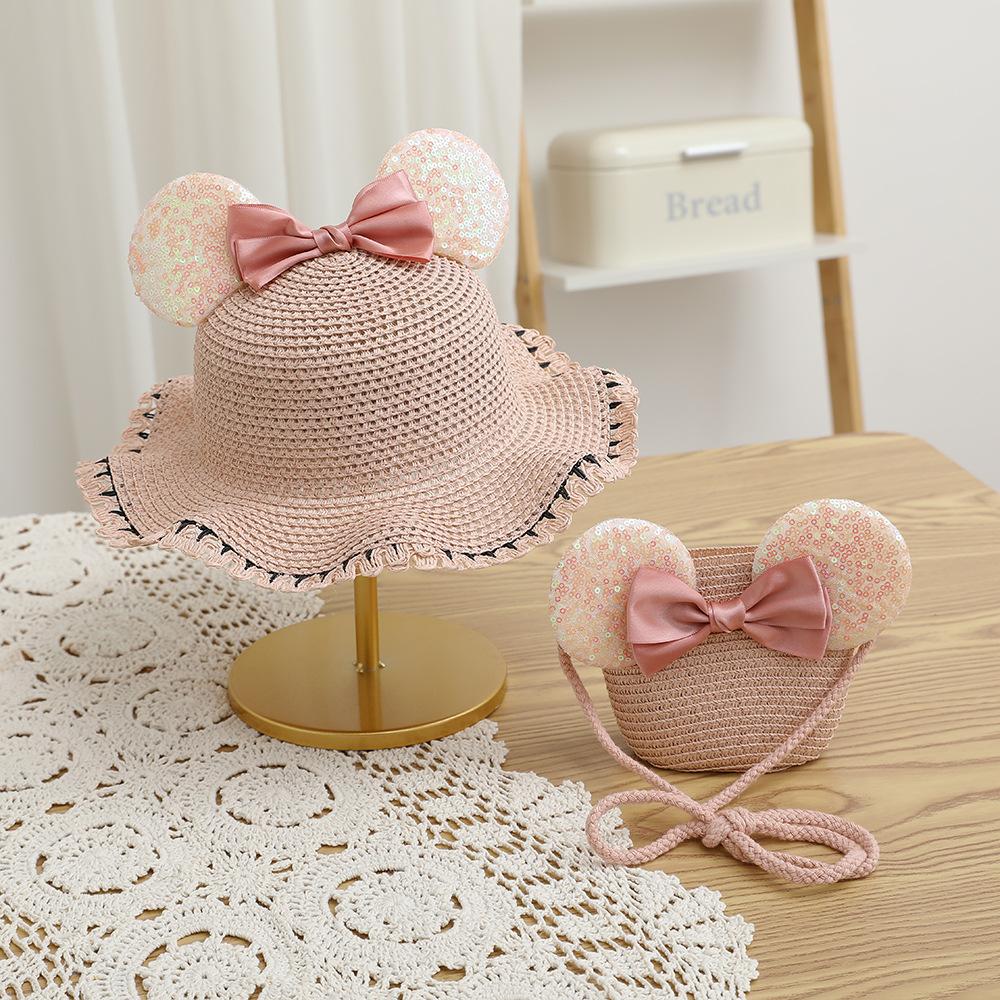 New Arrival Straw Hat And Bag Set For Girls Kids Fashion Summer Bow Lovely Princess Sun Cap Outdoor Cartoon Beach Waved Hats
