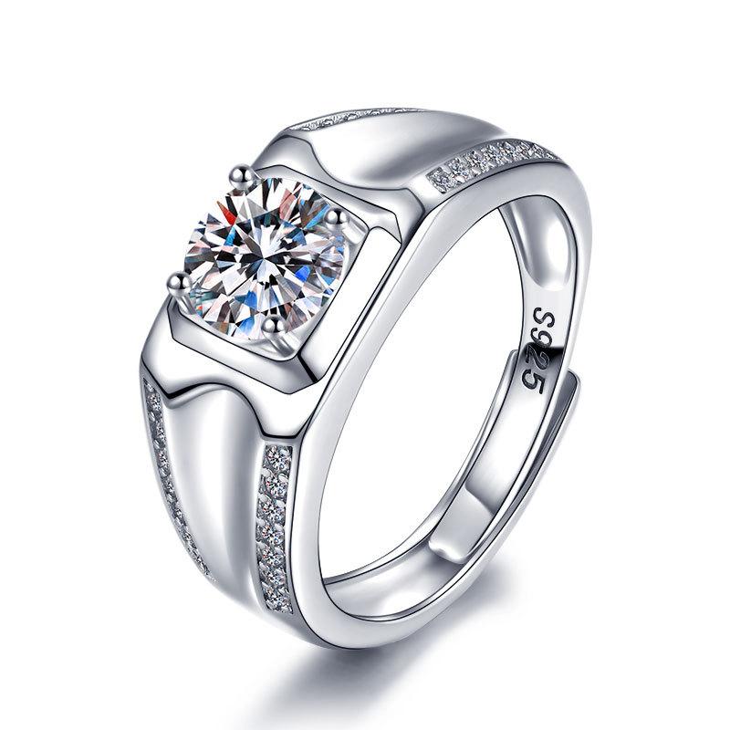 S925 Silver Four-Claw Ring Men'S Guochao Double Row Diamond Open Ring One Carat Domineering Couple Ring