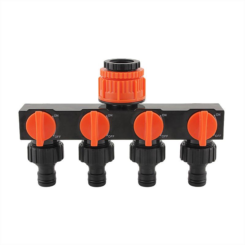 Four-Way Faucet Diverter: Quick-Connect Valve with One Inlet and Four Outlets.