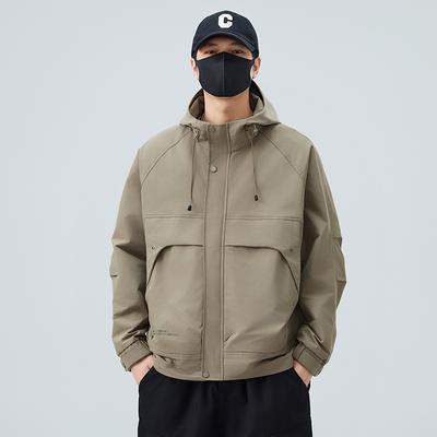 Spring New Men'S Hooded Loose Coat Fashionable And Popular Outdoor Windproof Jacket Solid Color Tooling Jacket