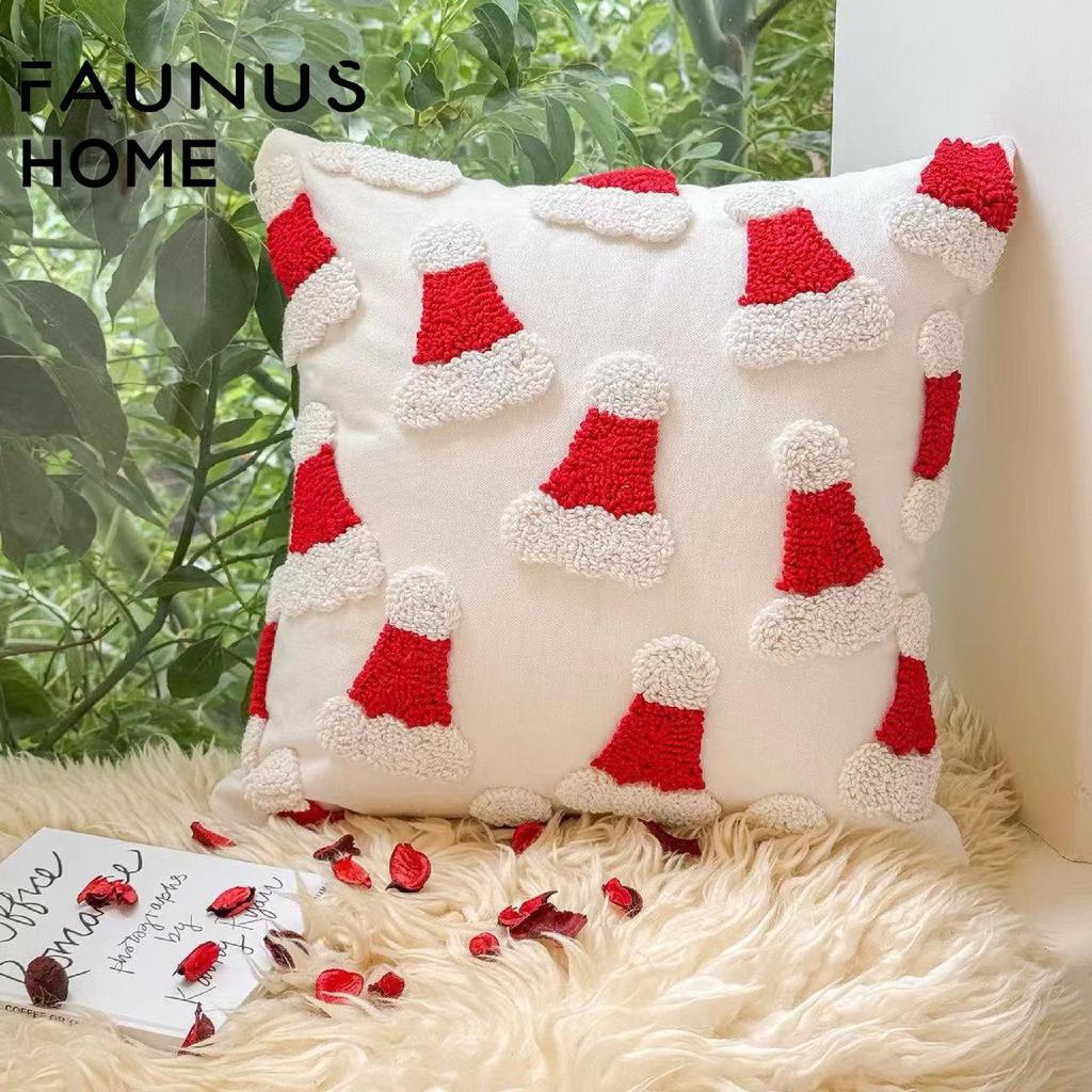 Christmas Embroidery Candy Cane & Santa Hat Tufted Throw Pillow Cover