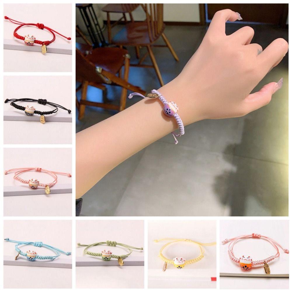 Hand Rope Maneki Neko Bracelet Ceramic Cat Pendant Women Hand Ring Adjustable Red Braided Rope Men