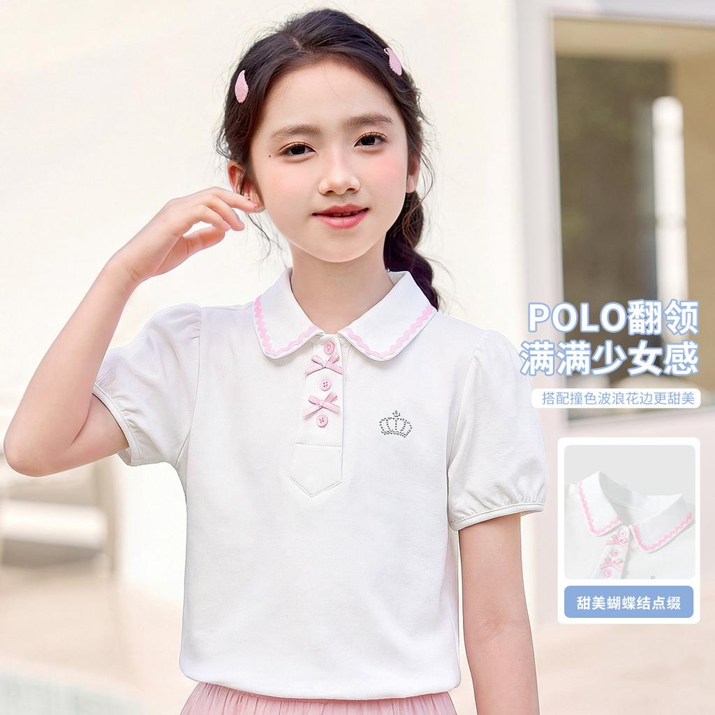 Girls' Summer Lapel College Style Polo Shirt Top, Breathable Mid Size Children's Bubble Sleeves, Children's Short Sleeved T-shirt