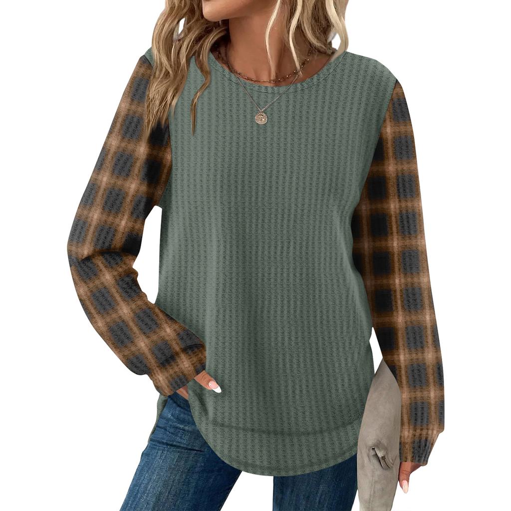 Women's Plaid Print Round Neck Long Sleeve Casual Loose Top