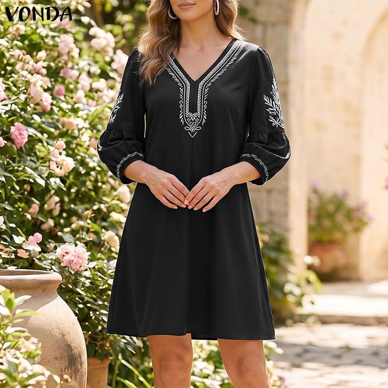 VONDA S-5XL Summer Women V Neck 3/4 Sleeve Print Elegnat Casual Loose Dress