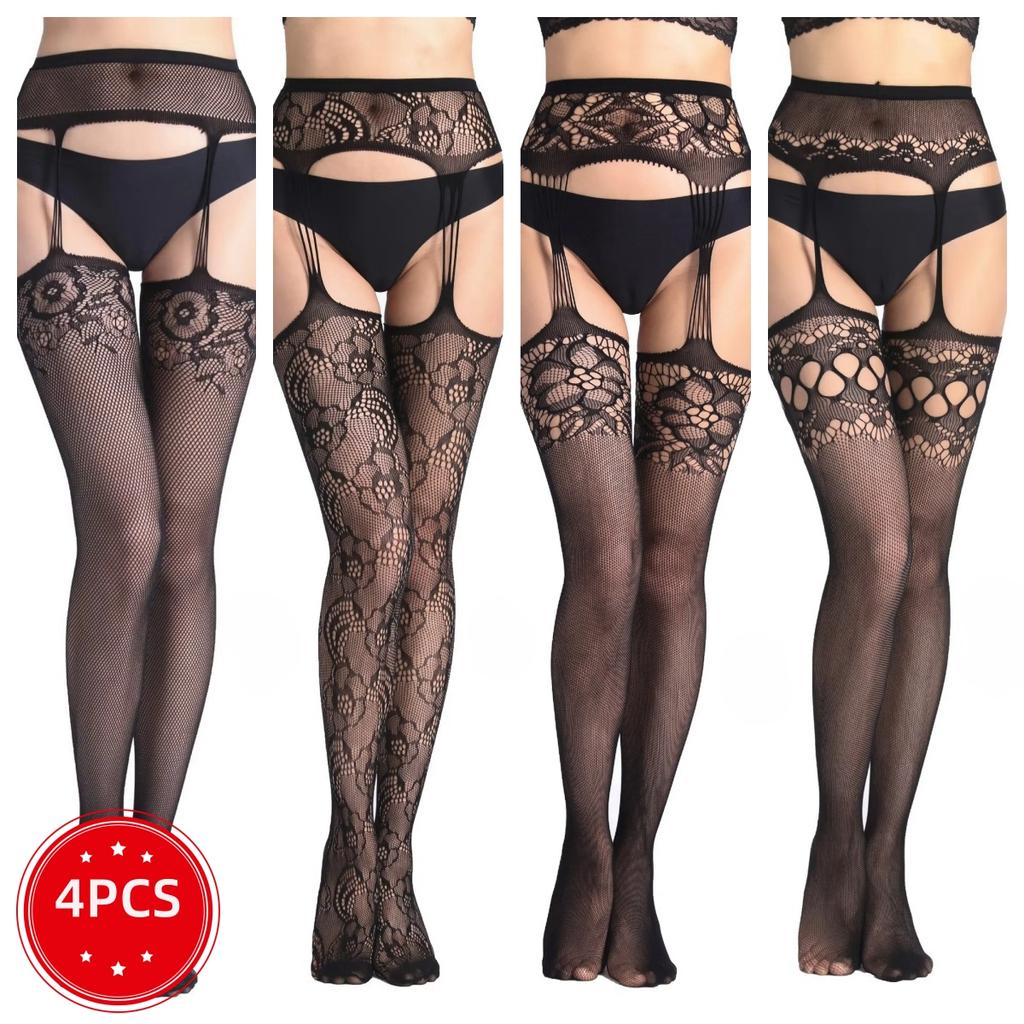SIMPLEJEWEL 1pcs/4pcs Pantyhose Fishnet Sexy Thigh-High Stockings Tights Suspender Stockings for Women Garter Belt Stocking