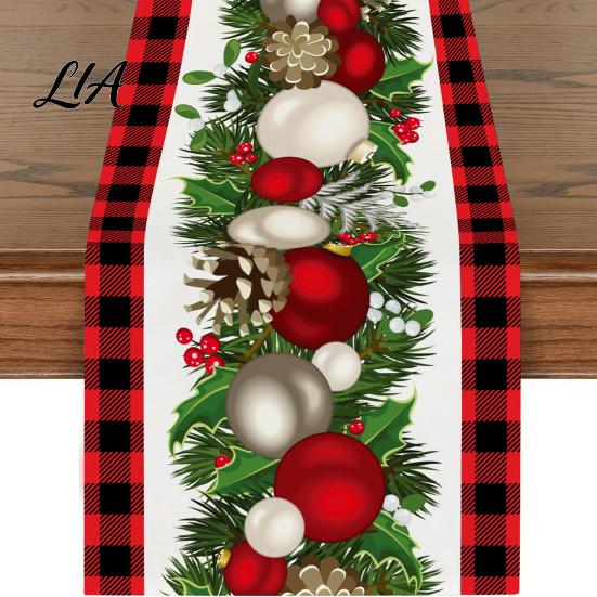 Dining Table Runner Christmas Runner, Xmas Tree Ball Reindeer Print Seasonal Accessories Tablecloth, Winter Holiday Party Decoration Coffee