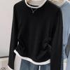 Spring New Round Neck Contrasting Fake Two Pieces Pleated and Thin Irregular Long Sleeves Women's Small People Are Trendy and Cool