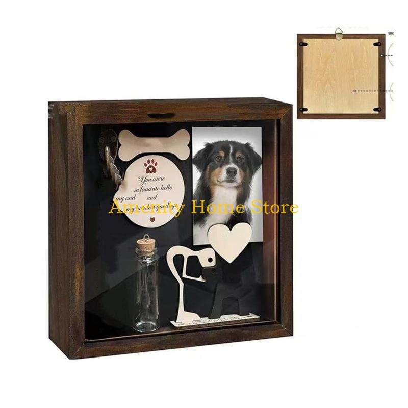 F26C Pet Memorial Shadows box with Dog Wooden Sculpture,Tages & Collar Display Keepsakes Box Wooden Pet Picture Frame Gift