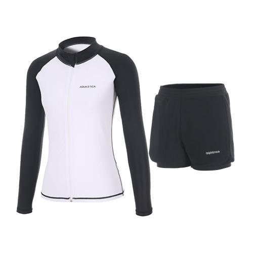 Akuatika Women'S Rash Guard Zip-Up Aqawjp23001 + Layered Swim Board Shorts Bk Set