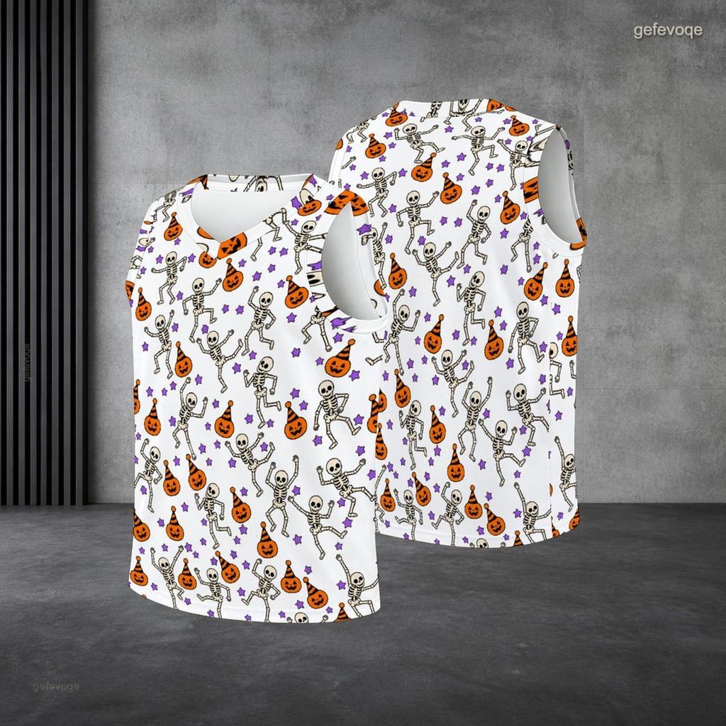 Men Plus Size V Neck Sleeveless Tank Top Halloween Mummy Pumpkin Printed White