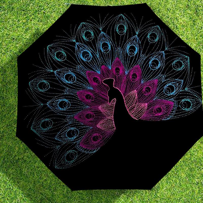 1pc Peacock Feather Automatic Folding Umbrella 8 Rib Iron Frame,  Suitable for Travel, Daily Use, Birthday, Women & Men Gift
