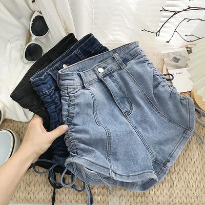 Skinny Fashionable and Versatile Tied Draw Fold Denim Shorts Female Design Sense Summer High Waist Elastic Slim Straight A-line Wide Leg Pants