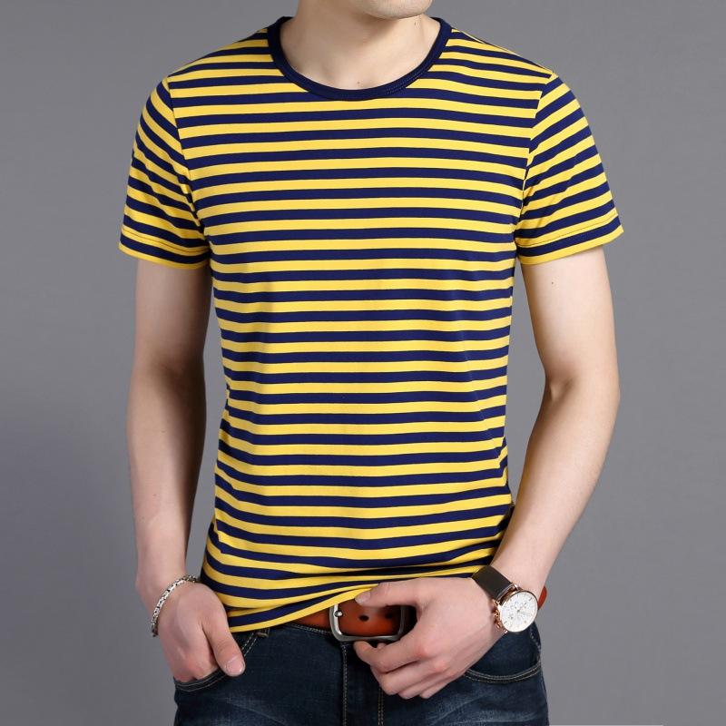 Летняя новинка, мужской свитер с круглым вырезом и короткими рукавами, приталенная мужская футболка в корейском стиле, полосатая рубашка в стиле модных мужчин M