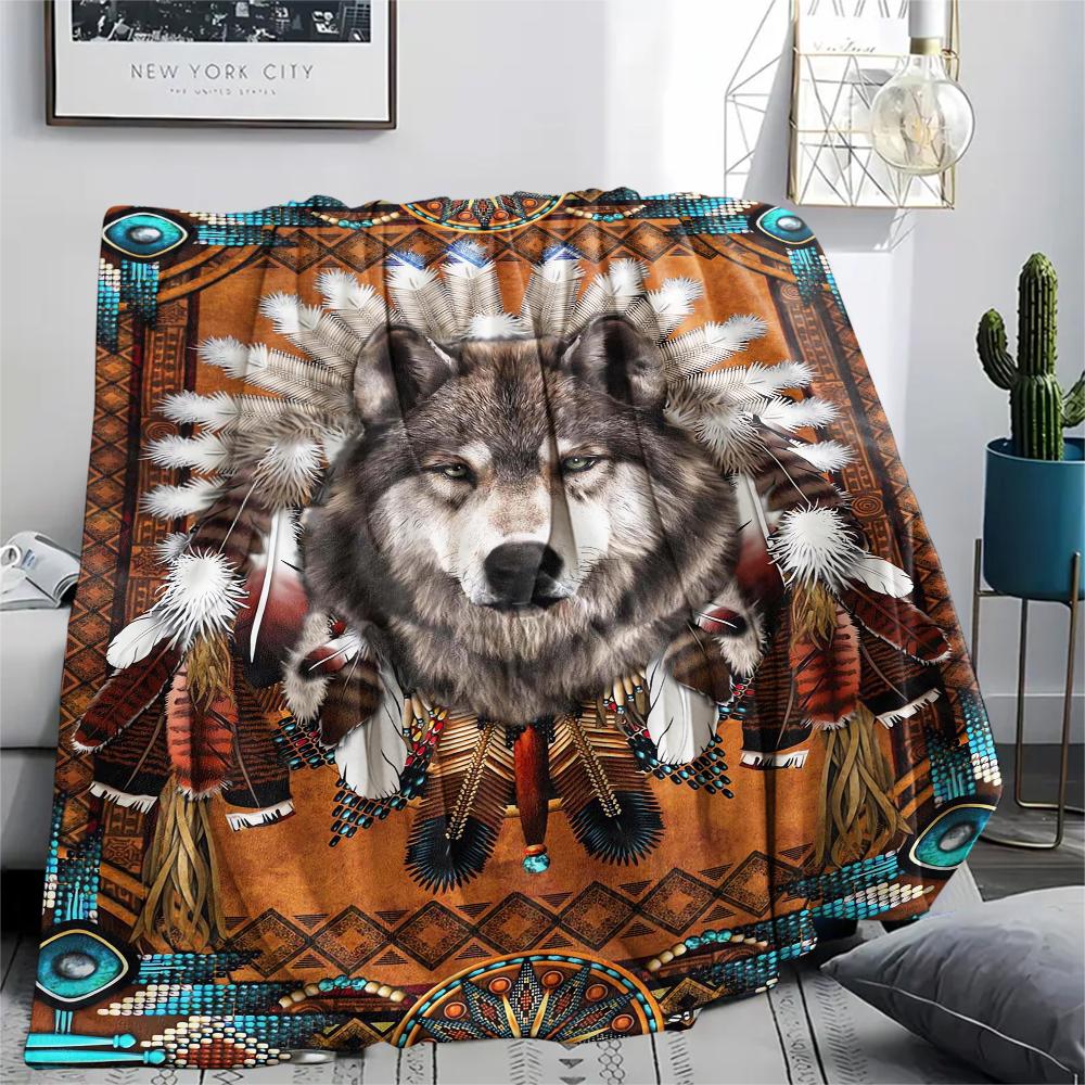 1Pc Indian Wolf Print Flannel Blanket, High quality Comfortable for All Seasons, Home Decor, Warmth and Comfort, Perfect for Christmas Gifts