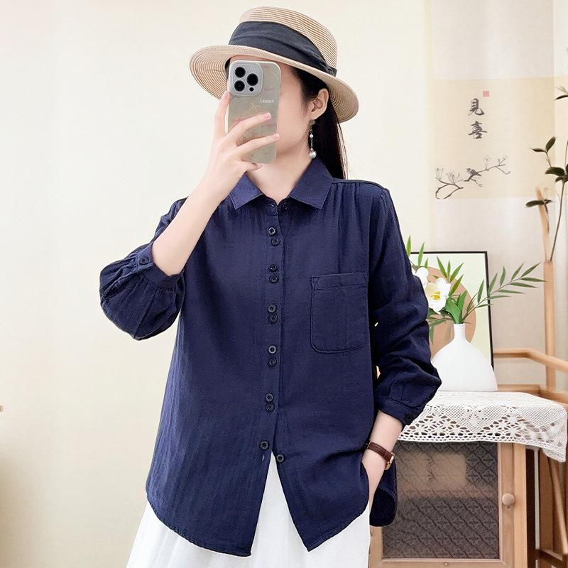 New literary and casual style double-layer cotton yarn pure cotton long-sleeved shirt simple temperament versatile loose and thin shirt women