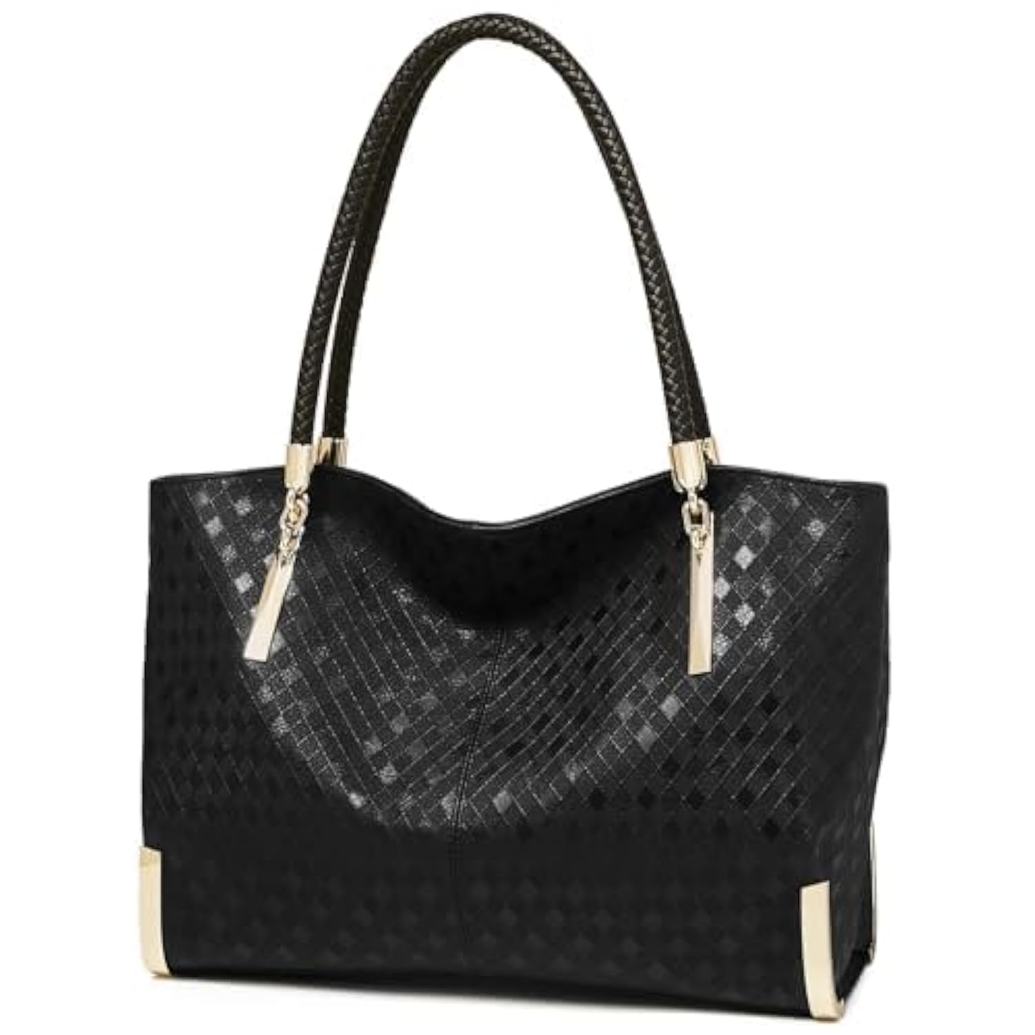 

FOXLOVER Large Capacity Tote Handbag, Women s Top Handle Bag, Fashionable Shoulder Bag, Minimalist Design, Black Diamond Embossed, Size 2XL