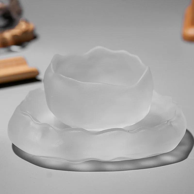 1pc  Simple Style Glass Cup Tasting Transparent/Frozen Tea Cups White Wine Cup Kongfu Master Teacup Tea Cup and Tea Mat 2 Style
