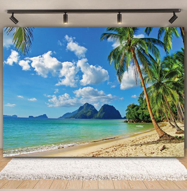 Tropischer Strand Hintergrund für Fotografie Sommer Hawaii Blaues Ozeanwasser Meeresufer Palme Kinder Feiertagsparty Foto Hintergrund Dekoration