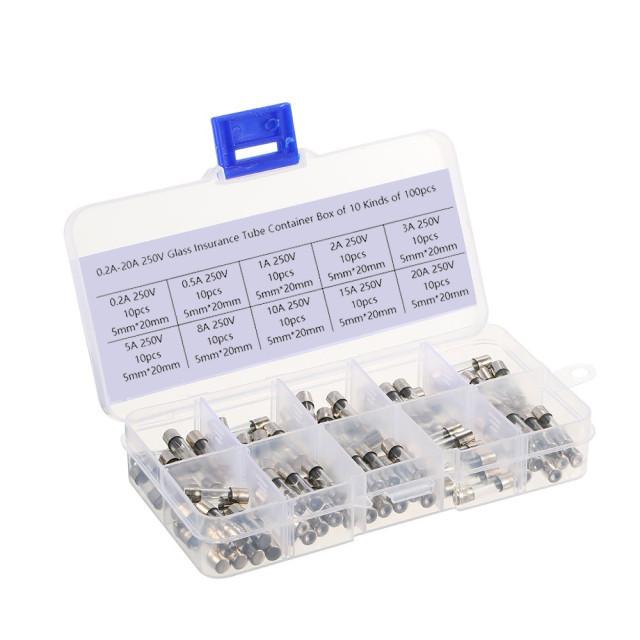 

Асортиментний набір скляних запобіжників 100 шт., запобіжники зі скляною трубкою швидкого перегорання 5x20 мм, 0,2A/0,5A/1A/2A/3A/4A/5A/6A/8A/15A 5*20mm（10*10）
