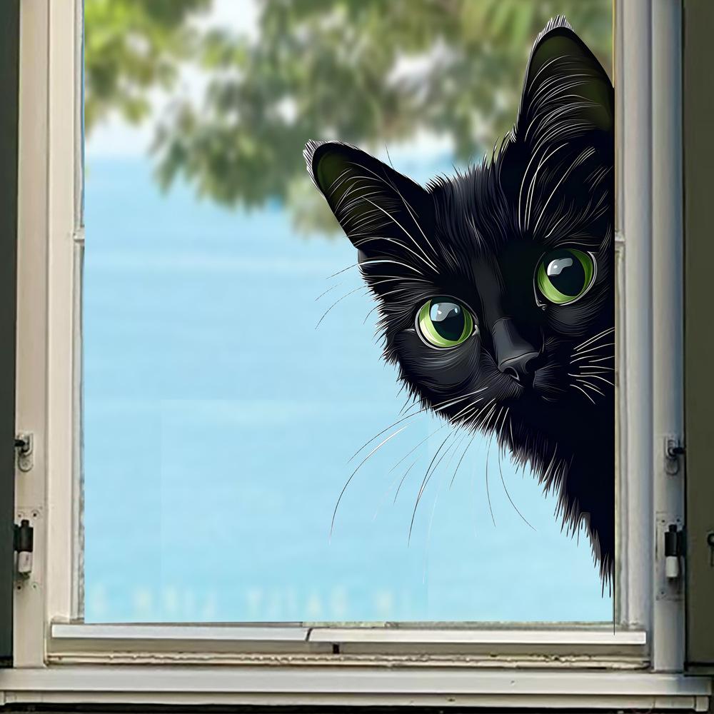 Cartoon Schwarze Katze Statisch Haftend Fensteraufkleber Abnehmbar Selbstklebend für Balkon Schlafzimmer Glas Heimdeko Kunst
