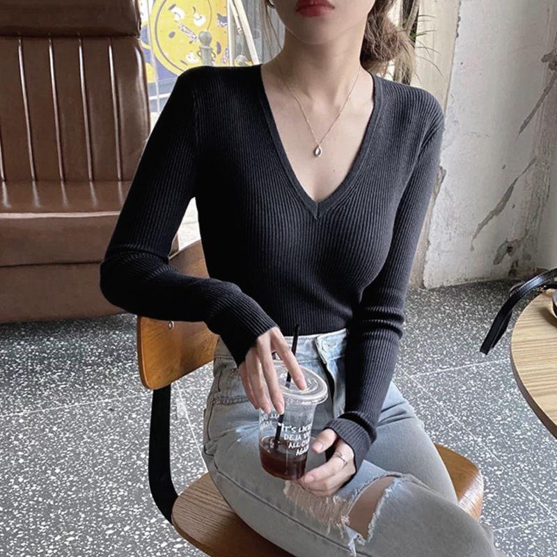 Plus Size High-end V-neck Knitwear Women's Autumn Winter Slim Fit Slimming Long Sleeve Inner Base Layer Top