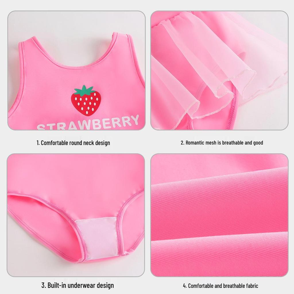 Girls' Strawberry One-Piece Swimsuit with Mesh Skirt - Quick-Drying and Breathable Pink Tankini
