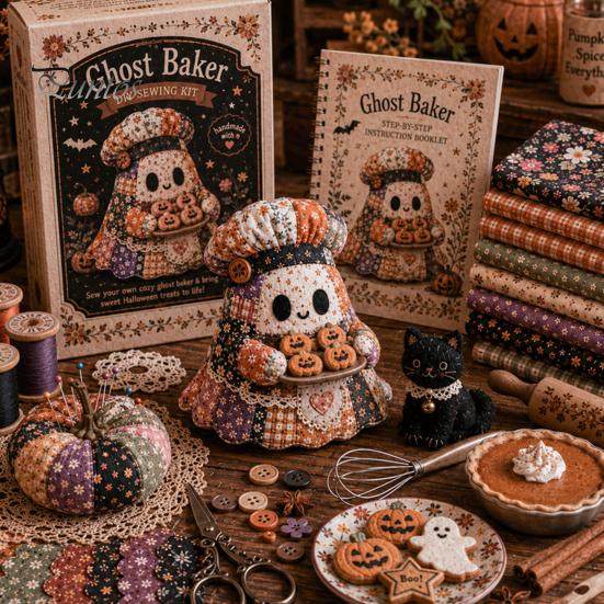 Entspannendes Wochenend-DIY-Aktivität Halloween-Geist Patchwork-Set, Niedliches Puppen-Nähset mit vorgeschnittenen Dekormusterstoffen, Herbstferien-Basteln