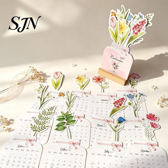 Monthly Planner For 2027 Flower Desk Calendar, English Tabletop Calendar with Wooden Base, Floral & Cat Decorative for Office Home Desktop Cute