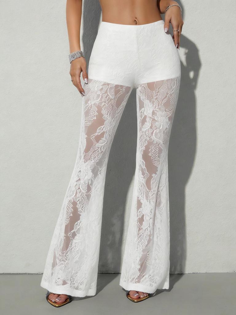 Women High Waist Lace Flare Pants Sexy Sheer See‑Through Slim Fit Long Trousers