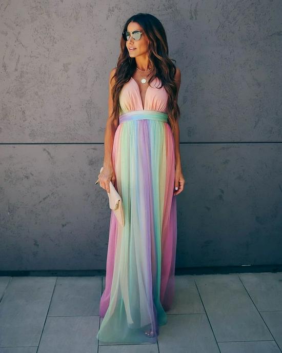 2020 Spring/Summer Women's Sexy Deep V Rainbow Mesh Suspender Dress