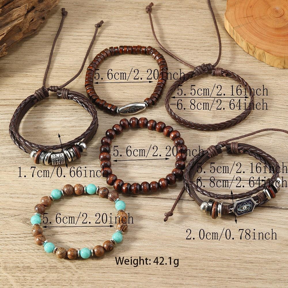 Retro European & American Hexagonal Multilayer Leather Bracelet Set - 6 Pieces