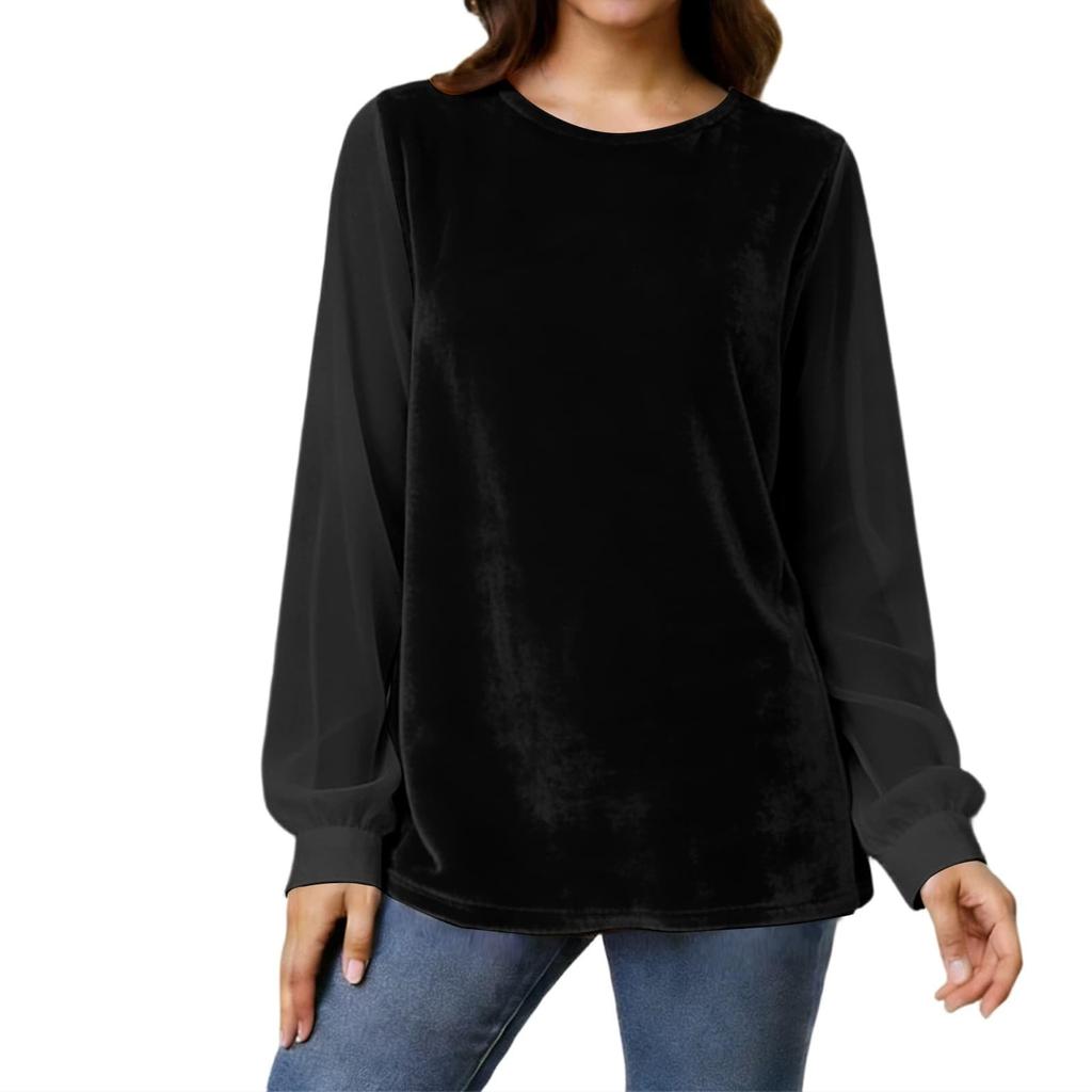 Women Long Sleeve Velvet Tops Crewneck Casual Loose Velour Blouses