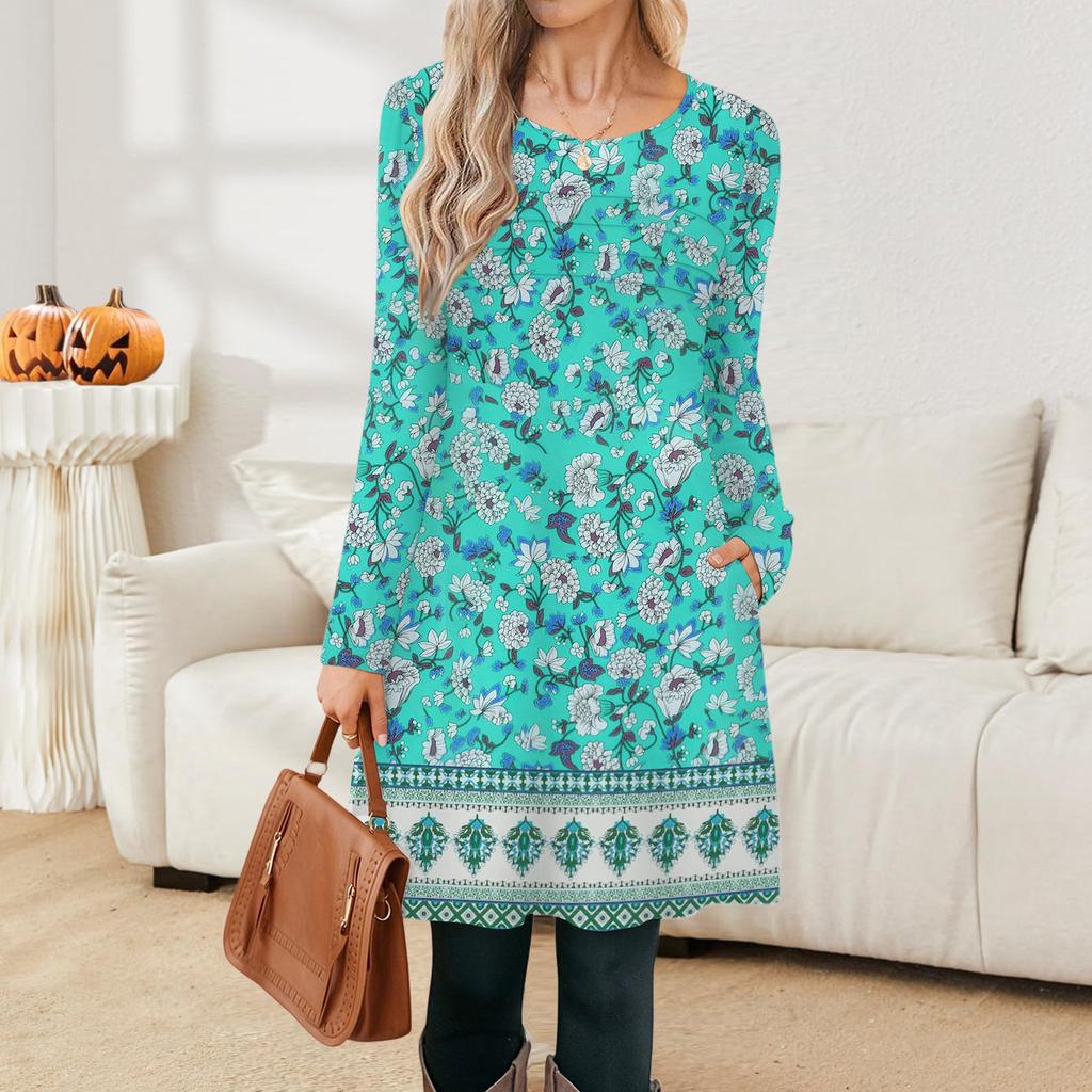 Rochie cu mânecă lungă pentru femei Toamnă Casual Tricou Croială lejeră Rochii cu pliuri în față cu buzunare