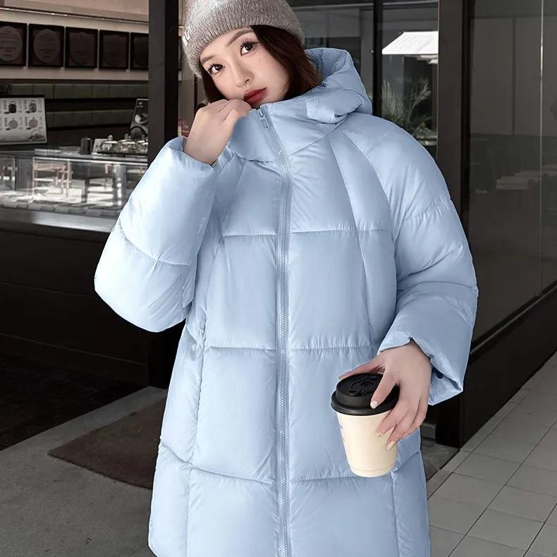 

Зимняя женская куртка-пуховик с капюшоном, рукавами-буфами, повседневная, свободного кроя, оверсайз, теплая верхняя одежда, модная куртка-хлеб S светло-синий