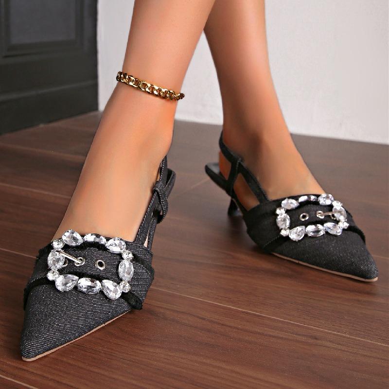 Elegant Rhinestone Pointed Toe Sandals Female Plus Size Ladies High Heels