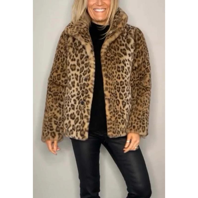 2024 Winter New Foreign Trade Women's Jacket, Best-Selling Fashionable Leopard Print Lapel Faux Fur Wool Top