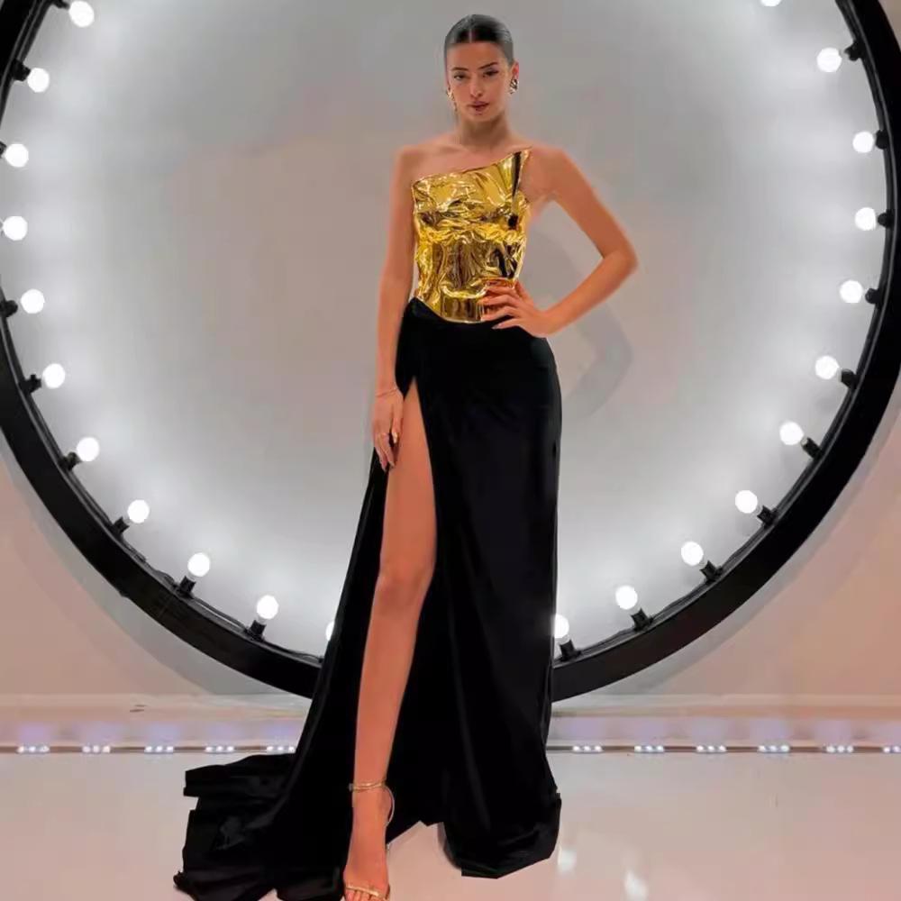 European-American One-Shoulder Black Leather Two-Piece Dress with Slit - Sexy Lace-Up Backless Evening Gown